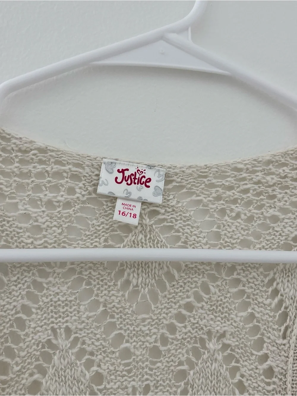Justice Cream crochet vest with fringe trim